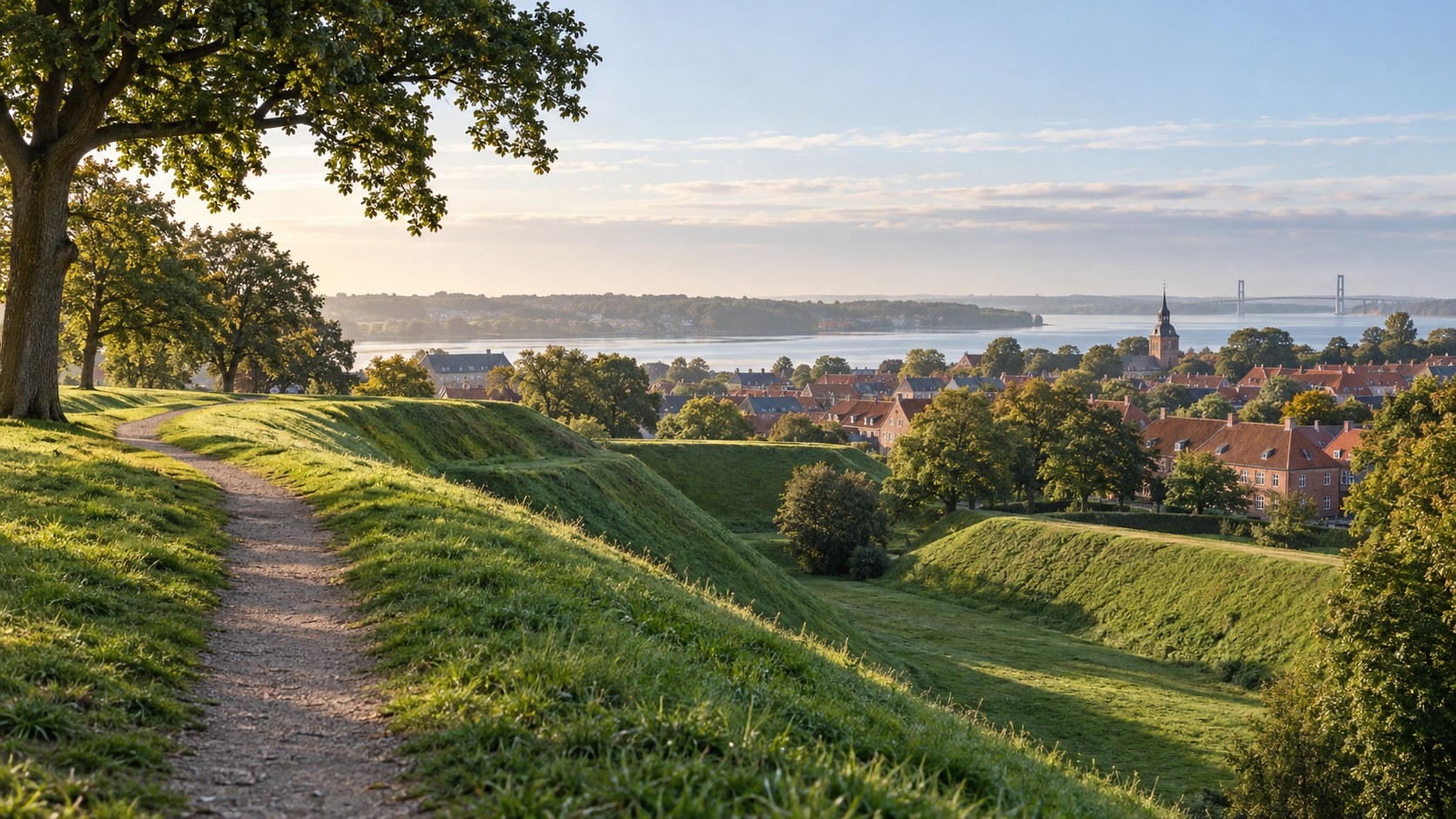 AI-genereret fotorealistisk motiv inspireret af Fredericias historiske voldanlæg